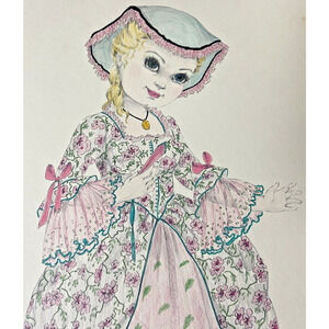 Ellen Nelson Colored Page Art Print Colonial Maiden 17x12" Vintage Big Eye Girl